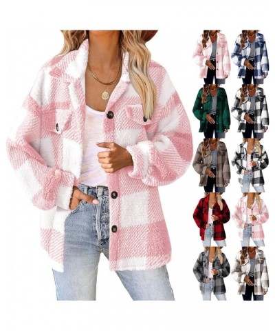 Flannel Plaid Shacket Jacket Women Winter Trench Coat Lapel Button Down Outwear Casual Pocket Oversized Shackets Coat A04-red...