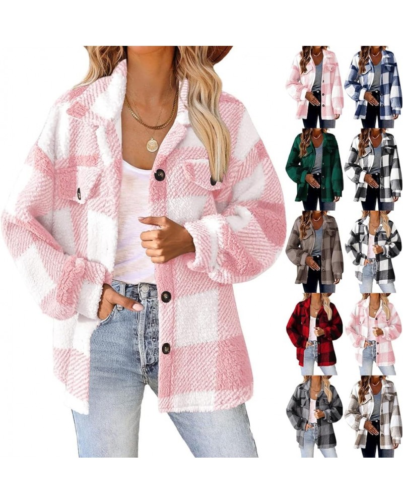 Flannel Plaid Shacket Jacket Women Winter Trench Coat Lapel Button Down Outwear Casual Pocket Oversized Shackets Coat A04-red...