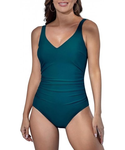 Women's Tummy Control One Piece Swimsuit Slimming V Neck Bathing Suit Ruched 1 Piece Swimwear Pine Green $16.40 Swimsuits