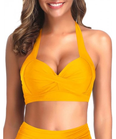 Women Bikini Top Push Up Swim Top Halter Retro Bathing Suit Top Padded Swimsuit Top Only Yellow $15.65 Swimsuits