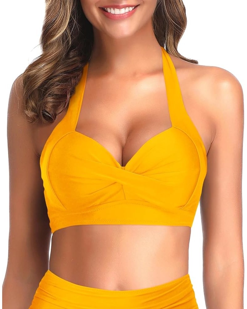 Women Bikini Top Push Up Swim Top Halter Retro Bathing Suit Top Padded Swimsuit Top Only Yellow $15.65 Swimsuits