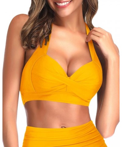 Women Bikini Top Push Up Swim Top Halter Retro Bathing Suit Top Padded Swimsuit Top Only Yellow $15.65 Swimsuits