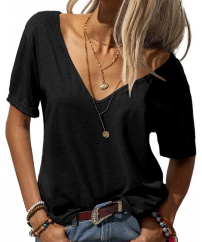 Women Fashion Deep V-Neck Short Sleeve Tops Solid Casual Loose Basic T Shirt Cool Black $11.89 T-Shirts