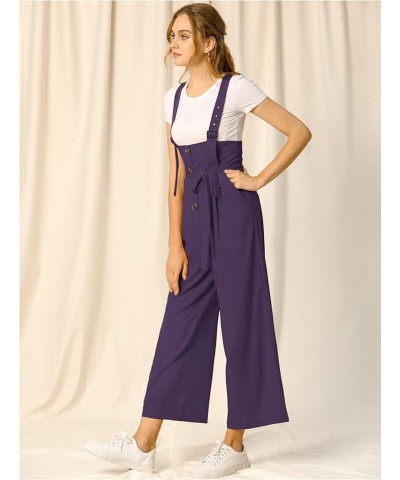 Women's High Waist Wide Leg Belted Jumpsuits Button Long Overalls Dark Purple $22.18 Overalls