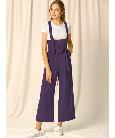 Women's High Waist Wide Leg Belted Jumpsuits Button Long Overalls Dark Purple $22.18 Overalls