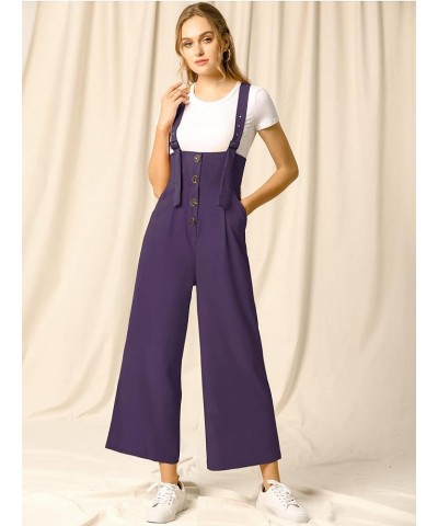 Women's High Waist Wide Leg Belted Jumpsuits Button Long Overalls Dark Purple $22.18 Overalls