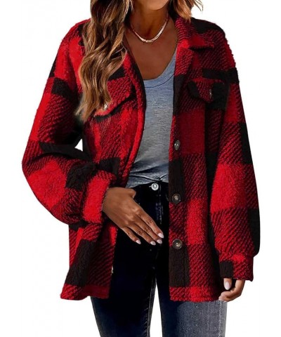 Flannel Plaid Shacket Jacket Women Winter Trench Coat Lapel Button Down Outwear Casual Pocket Oversized Shackets Coat A04-red...