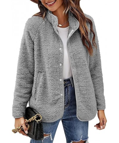 Women's Casual Stand Collar Fuzzy Fleece Jacket Loose Faux Shearling Winter Teddy Coat Grey $18.92 Coats