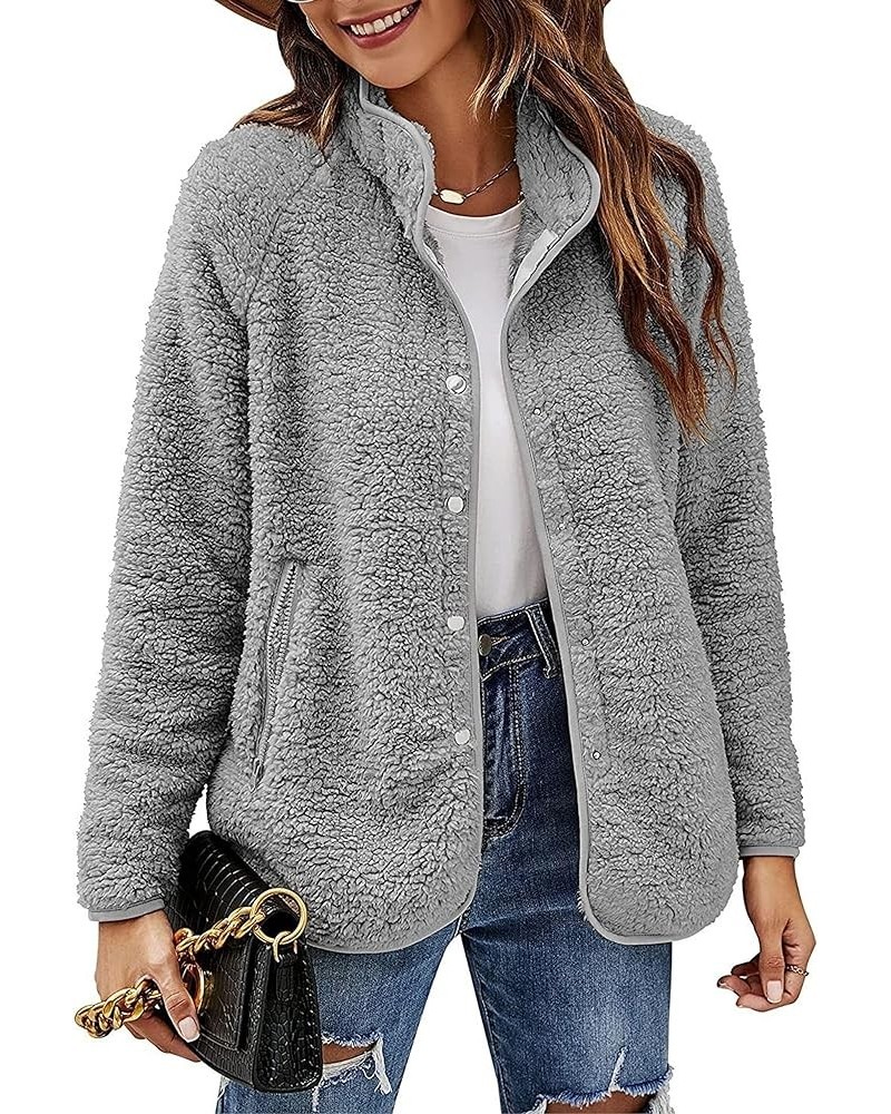 Women's Casual Stand Collar Fuzzy Fleece Jacket Loose Faux Shearling Winter Teddy Coat Grey $18.92 Coats