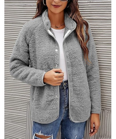 Women's Casual Stand Collar Fuzzy Fleece Jacket Loose Faux Shearling Winter Teddy Coat Grey $18.92 Coats