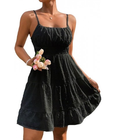 Women's Swiss Dots Sleeveless Ruched Bust Ruffle Hem Cami Short Dress Black $16.77 Dresses