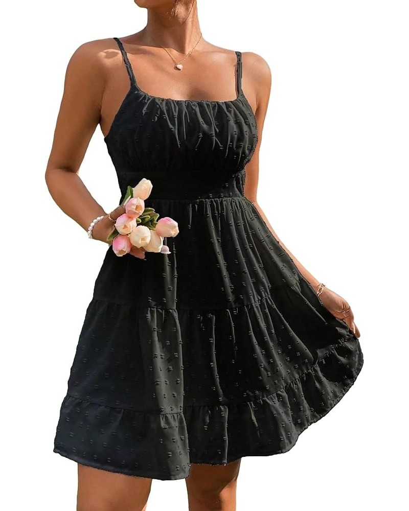 Women's Swiss Dots Sleeveless Ruched Bust Ruffle Hem Cami Short Dress Black $16.77 Dresses