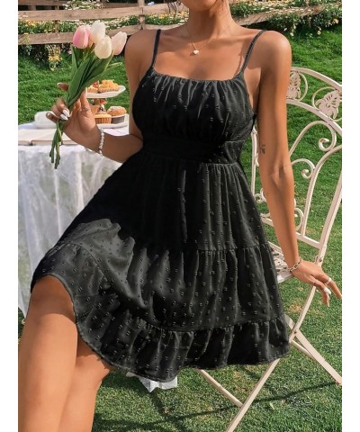 Women's Swiss Dots Sleeveless Ruched Bust Ruffle Hem Cami Short Dress Black $16.77 Dresses