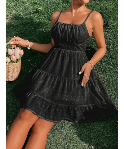 Women's Swiss Dots Sleeveless Ruched Bust Ruffle Hem Cami Short Dress Black $16.77 Dresses