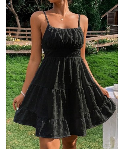 Women's Swiss Dots Sleeveless Ruched Bust Ruffle Hem Cami Short Dress Black $16.77 Dresses