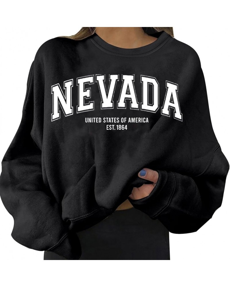 Long Sleeve Crewneck Sweatshirts for Women Relaxed Fit Loose Fit Solid Letter Print Nevada Round Neck Cool Sweaters Black $15...