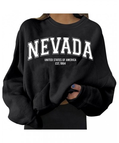 Long Sleeve Crewneck Sweatshirts for Women Relaxed Fit Loose Fit Solid Letter Print Nevada Round Neck Cool Sweaters Black $15...