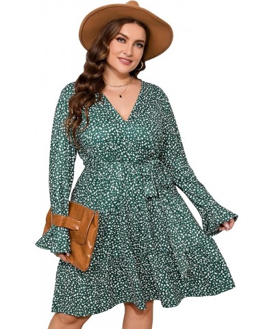 Women Plus Size V Neck Wrap Dress High Waist Ruffle Long Sleeve Casual Midi Dress with Belt Deep Green Flower $20.58 Dresses