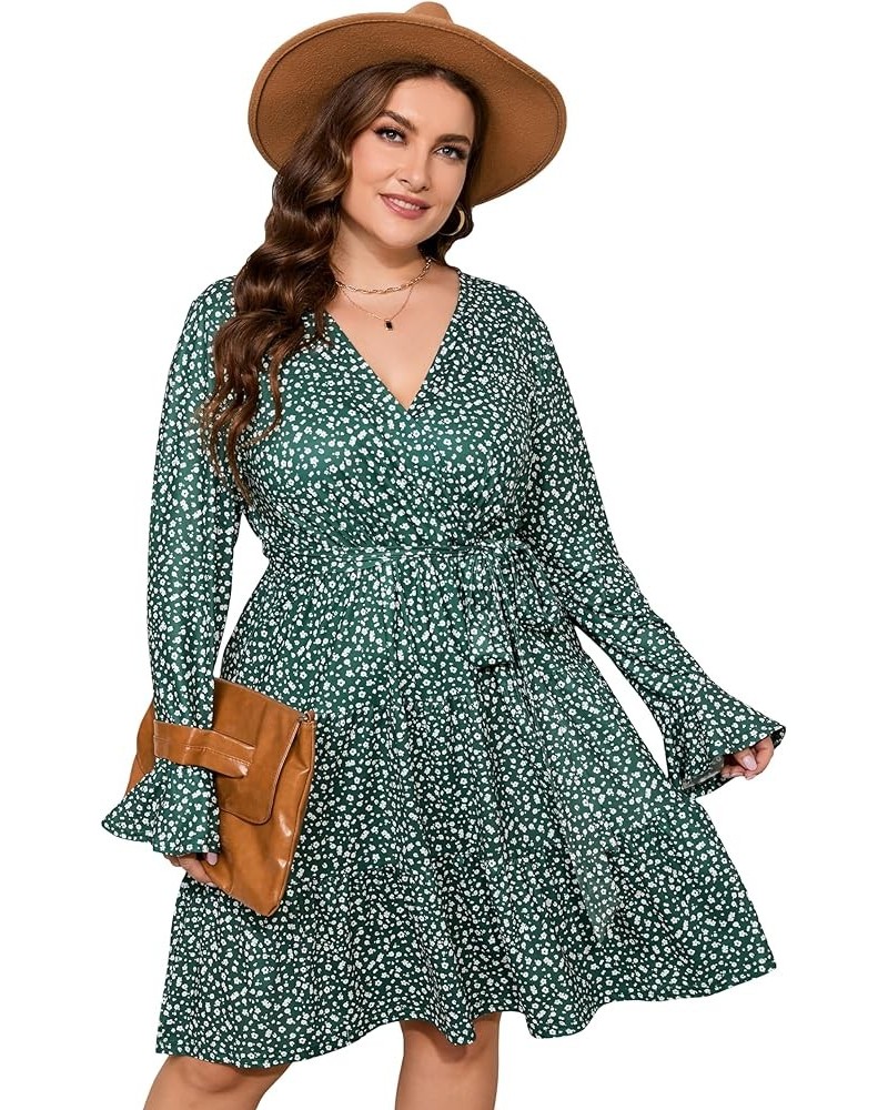 Women Plus Size V Neck Wrap Dress High Waist Ruffle Long Sleeve Casual Midi Dress with Belt Deep Green Flower $20.58 Dresses