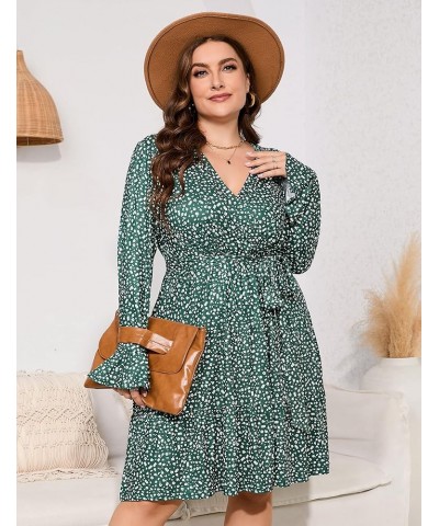 Women Plus Size V Neck Wrap Dress High Waist Ruffle Long Sleeve Casual Midi Dress with Belt Deep Green Flower $20.58 Dresses