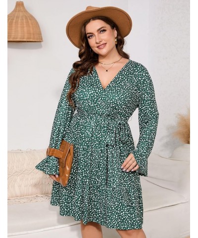 Women Plus Size V Neck Wrap Dress High Waist Ruffle Long Sleeve Casual Midi Dress with Belt Deep Green Flower $20.58 Dresses