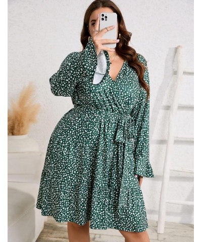 Women Plus Size V Neck Wrap Dress High Waist Ruffle Long Sleeve Casual Midi Dress with Belt Deep Green Flower $20.58 Dresses