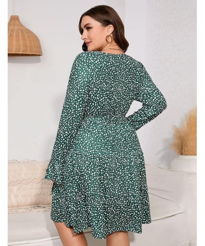 Women Plus Size V Neck Wrap Dress High Waist Ruffle Long Sleeve Casual Midi Dress with Belt Deep Green Flower $20.58 Dresses