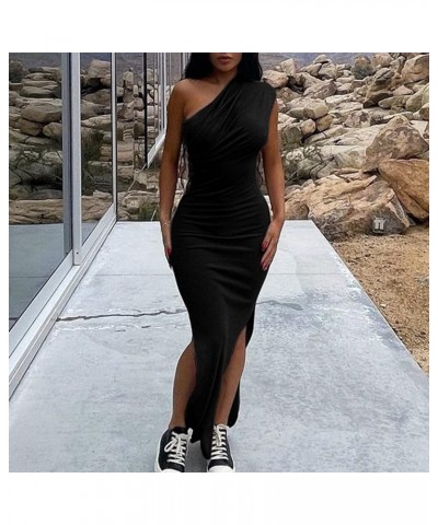 Womens One Shoulder Maxi Dress Ruched Sleeveless High Split Ribbed Bodycon Dress Black $17.15 Dresses