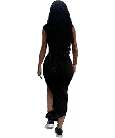 Womens One Shoulder Maxi Dress Ruched Sleeveless High Split Ribbed Bodycon Dress Black $17.15 Dresses