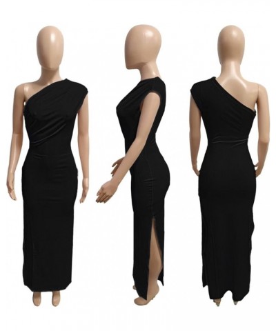 Womens One Shoulder Maxi Dress Ruched Sleeveless High Split Ribbed Bodycon Dress Black $17.15 Dresses