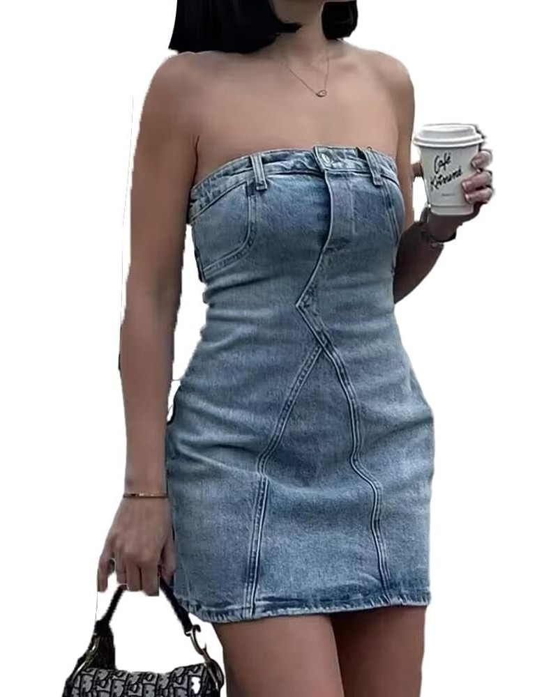 Women's Sexy Jeans Denim Strapless Dresses Bodycon Corset Tube Mini Dress 8-light Blue $14.88 Dresses