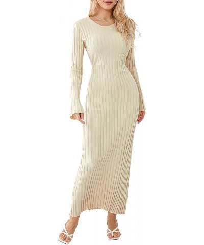 Women Elegant Long Sleeve Crew Neck Knit Dress Ribbed Knit Slim Fit Fall Winter Pleated Bodycon Midi Sweater Dress Apricot $2...