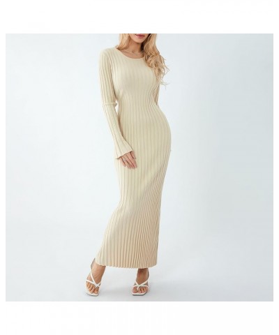 Women Elegant Long Sleeve Crew Neck Knit Dress Ribbed Knit Slim Fit Fall Winter Pleated Bodycon Midi Sweater Dress Apricot $2...