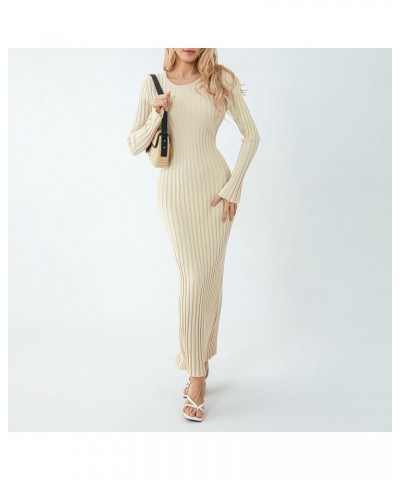 Women Elegant Long Sleeve Crew Neck Knit Dress Ribbed Knit Slim Fit Fall Winter Pleated Bodycon Midi Sweater Dress Apricot $2...