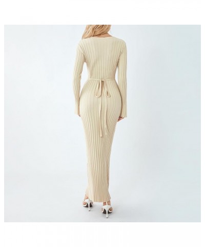 Women Elegant Long Sleeve Crew Neck Knit Dress Ribbed Knit Slim Fit Fall Winter Pleated Bodycon Midi Sweater Dress Apricot $2...