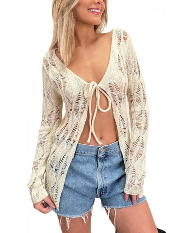 Cardigan Sweaters for Women Crochet Tie Front Long Sleeve Aesthetic Crop Top Summer Cover Ups Shrugs White A1 $10.25 Sweaters