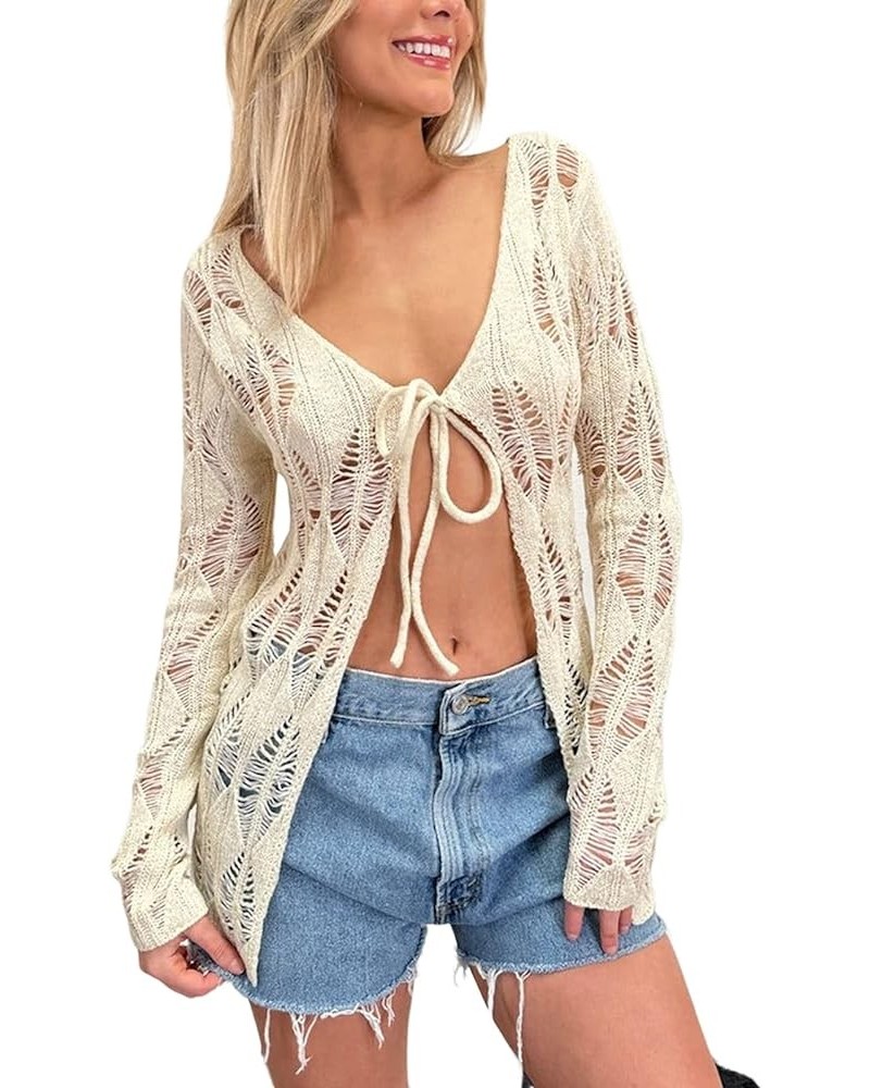 Cardigan Sweaters for Women Crochet Tie Front Long Sleeve Aesthetic Crop Top Summer Cover Ups Shrugs White A1 $10.25 Sweaters