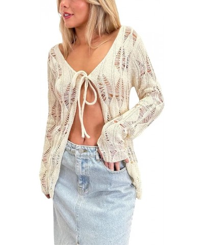 Cardigan Sweaters for Women Crochet Tie Front Long Sleeve Aesthetic Crop Top Summer Cover Ups Shrugs White A1 $10.25 Sweaters