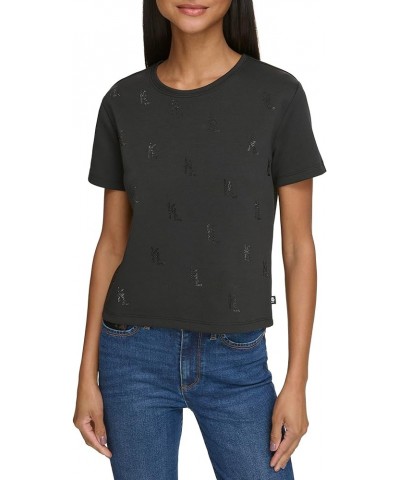 Women's Sparkle Monogram Short Sleeve Blouse Black $27.40 Blouses