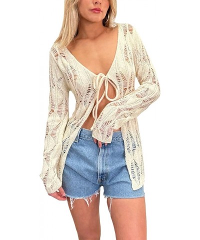 Cardigan Sweaters for Women Crochet Tie Front Long Sleeve Aesthetic Crop Top Summer Cover Ups Shrugs White A1 $10.25 Sweaters