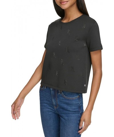 Women's Sparkle Monogram Short Sleeve Blouse Black $27.40 Blouses