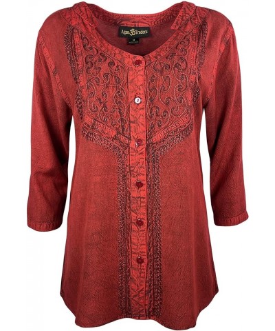 Women's Bohemian Medieval Vintage Christmas Long Sleeve V-Neck Button Down Embroidered Tunic Blouse B Red $29.47 Blouses