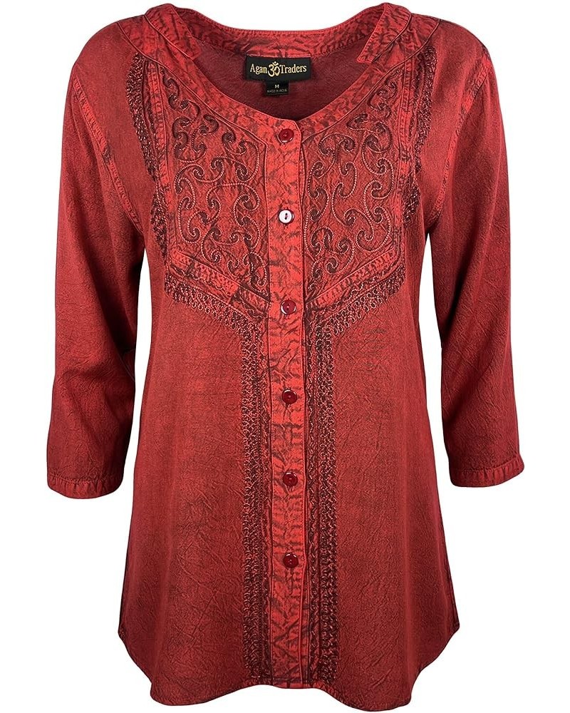 Women's Bohemian Medieval Vintage Christmas Long Sleeve V-Neck Button Down Embroidered Tunic Blouse B Red $29.47 Blouses