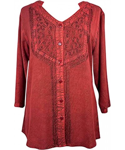 Women's Bohemian Medieval Vintage Christmas Long Sleeve V-Neck Button Down Embroidered Tunic Blouse B Red $29.47 Blouses