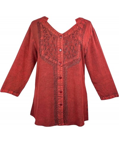 Women's Bohemian Medieval Vintage Christmas Long Sleeve V-Neck Button Down Embroidered Tunic Blouse B Red $29.47 Blouses