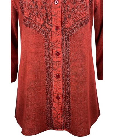 Women's Bohemian Medieval Vintage Christmas Long Sleeve V-Neck Button Down Embroidered Tunic Blouse B Red $29.47 Blouses