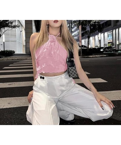 Y2k 3D Flowers Mesh Sheer Fringe Crop Top See Through Tassle Tanks Tops Slim Fit Frill Camis Streetwear for Womens A3-pink $7...