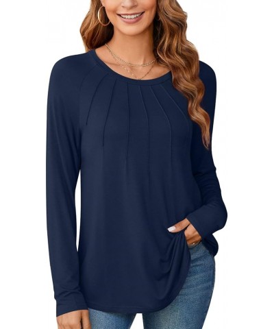 Womens Fall Long Sleeve Tunic Tops for Leggings Casual Loose Fit Dressy Blouses Fashion Pleated Shirts Dark Blue $12.74 Tops