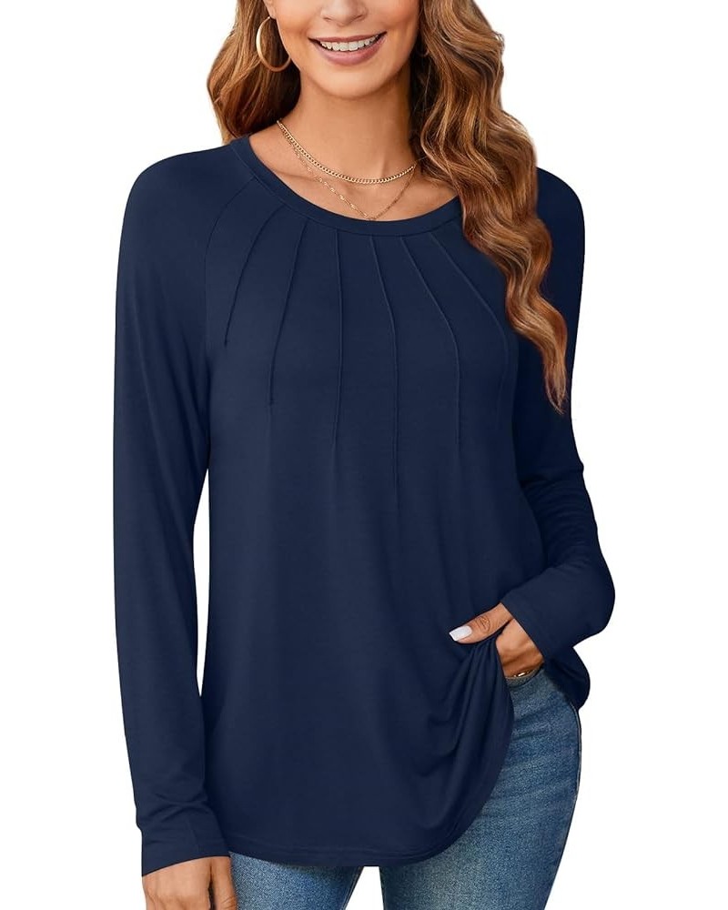 Womens Fall Long Sleeve Tunic Tops for Leggings Casual Loose Fit Dressy Blouses Fashion Pleated Shirts Dark Blue $12.74 Tops