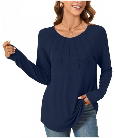 Womens Fall Long Sleeve Tunic Tops for Leggings Casual Loose Fit Dressy Blouses Fashion Pleated Shirts Dark Blue $12.74 Tops